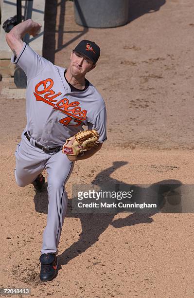 Jim Hoey of the Baltimore Orioles warming up in the bullpen during the game against the Detroit Tigers at Comerica Park in Detroit, Michigan on...