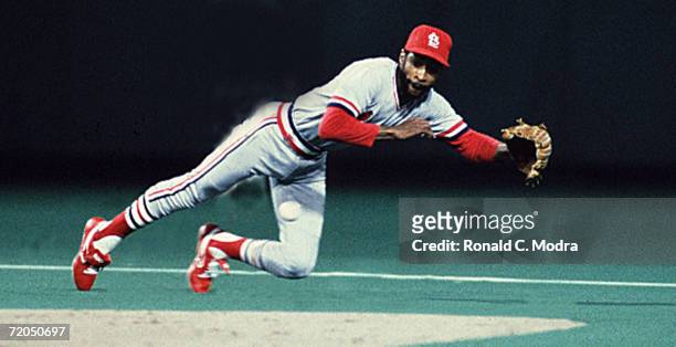 Ozzie Smith of the St. Louis Cardinals fielding against the Kansas City Royals during Game 6 of the 1985 World Series on October 26, l985 at Royals...