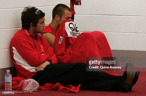 Nick Malceski of the Swans sits dejected in the rooms after the AFL Grand Final match between the Sydney Swans and the West Coast Eagles at the...