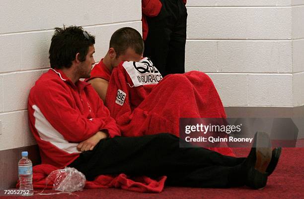 Nick Malceski of the Swans sits dejected in the rooms after the AFL Grand Final match between the Sydney Swans and the West Coast Eagles at the...