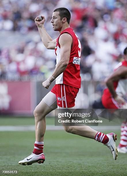 Nick Malceski of the Swans celebrates a goal during the AFL Grand Final match between the Sydney Swans and the West Coast Eagles at the Melbourne...