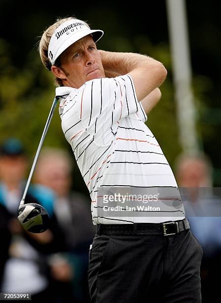 Stuart Appleby of Australia tees off during the third round of the WGC American Express Championship at The Grove on September 30, 2006 in Watford,...