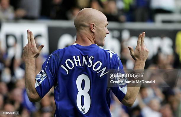 Andy Johnson of Everton celebrates his goal during the Barclays Premiership match between Everton and Manchester City at Goodison Park on September...