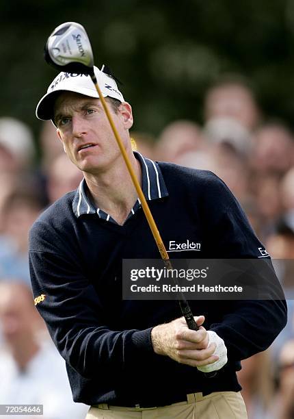 Jim Furyk of USA tees off during the third round of the WGC American Express Championship at The Grove on September 30, 2006 in Watford, England.