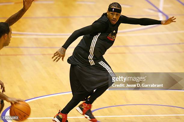 Allen Iverson of the Philadelphia 76ers runs at practice during the NBA Europe Live Tour presented by EA Sports on September 30, 2006 at the Palau...