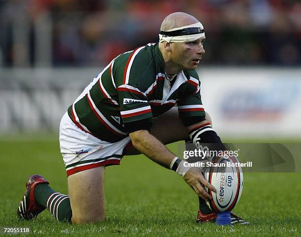 Paul Burke of Leicester Tigers prepares to kick during the EDF Energy Anglo Welsh Cup match between Leicester Tigers and Newport Gwent Dragons at...