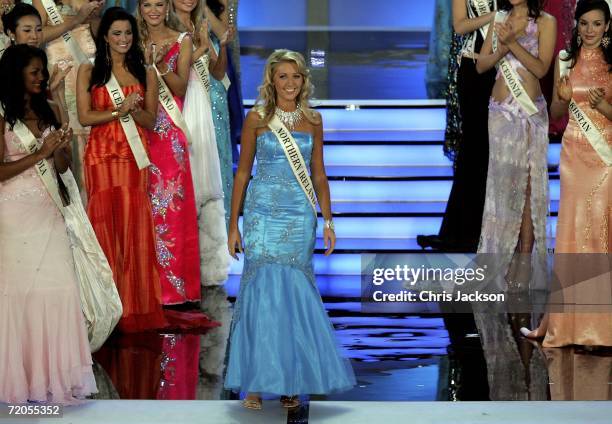 Miss Ireland Sara Morrissey celebrates winning the Talent Contest during Miss World 2006 at Warsaw's Palace of Culture on September 30, 2006 in...