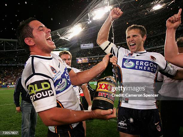 Corey Parker and Dane Carlaw of the Broncos celebrate after winning the NRL Grand Final match between the Brisbane Broncos and the Melbourne Storm at...