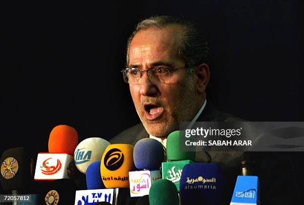 Iraqi National Security Advisor Muwaffaq al-Rubaie speaks during a press conference in Baghdad 01 October 2006. The Iraqi government showed today...