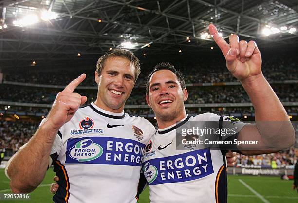 Dane Carlaw and Corey Parker of the Broncos celebrate after winning the NRL Grand Final match between the Brisbane Broncos and the Melbourne Storm at...