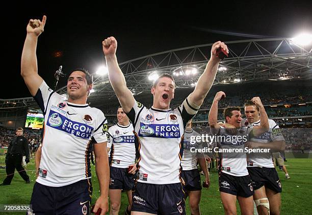 Corey Parker and Brent Tate of the Broncos celebrate after the NRL Grand Final match between the Brisbane Broncos and the Melbourne Storm at Telstra...