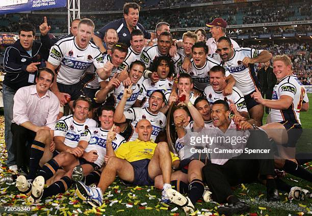 The Broncos celebrate after winning the NRL Grand Final match between the Brisbane Broncos and the Melbourne Storm at Telstra Stadium on October 1,...