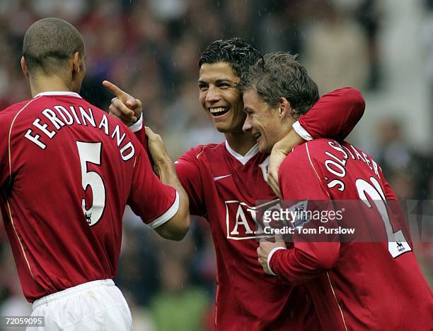 Ole Gunnar Solskjaer of Manchester United celebrates scoring the second goal during the Barclays Premiership match between Manchester United and...