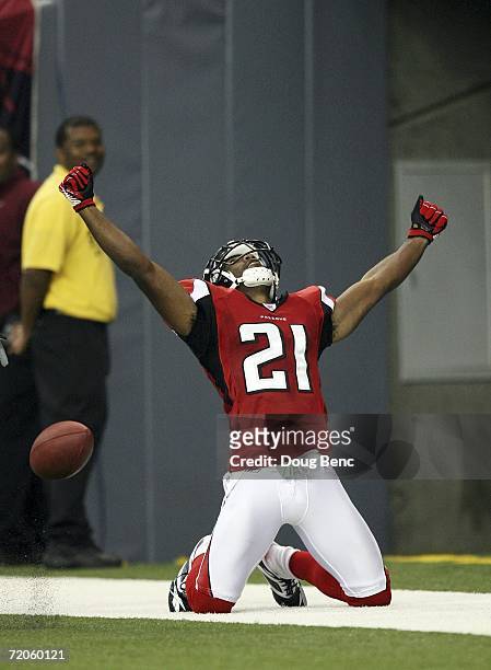 Cornerback DeAngelo Hall of the Atlanta Falcons celebrates in the endzone after returning an interception for a touchdown in the third quarter...