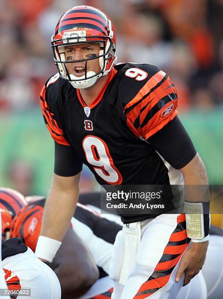 Carson Palmer of the Cincinnati Bengals gives instructions to his team during the game against the New England Patriots October 1, 2006 at Paul Brown...
