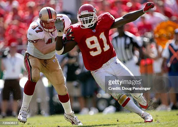 Tamba Hall of the Kansas City Chiefs beats block of Billy Bajema of the San Francisco 49ers as the Chiefs defeated the 49ers 41-0 during NFL action...