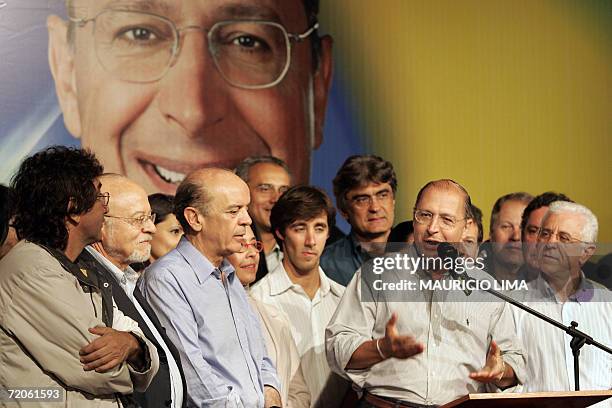 Brazilian presidential candidate Geraldo Alckmin of the Social Democratic Party delivers a speech to supporters about advancing to the second round...