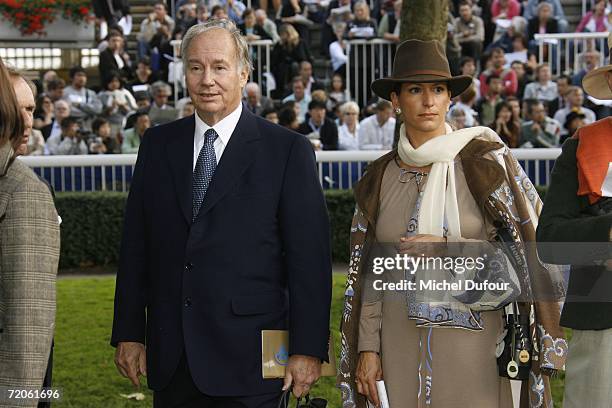 Prince Karim Aga Khan IV, the hereditary Imam of the Shia Imami Ismaili Muslims, and his daughter Princess Zahra Aga Khan attend the Prix de l'Arc de...