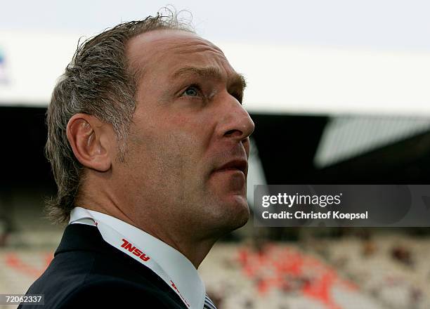 Manager Andreas Mueller of Schalke is thoughtful during the UEFA Cup second leg match between AS Nancy and Schalke 04 at the Marcel Picot Stadium on...