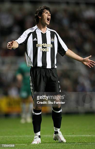 Albert Luque of Newcastle United shows his frustration during the second leg of the UEFA Cup first round between Newcastle United and FC Levadia...