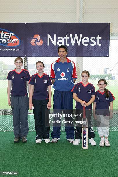 Jess Mills, Catherine Pietralski, Aimee Cook, Chantelle Wade pose with England Cricket star Sajid Mahmood during the NatWest Speed Stars Finals on...