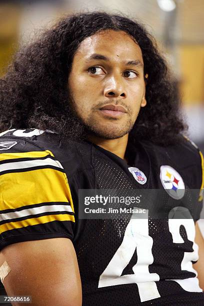 Strong safety Troy Polamalu of the Pittsburgh Steelers watches the game against the Miami Dolphins on September 7, 2006 at Heinz Field in Pittsburgh,...