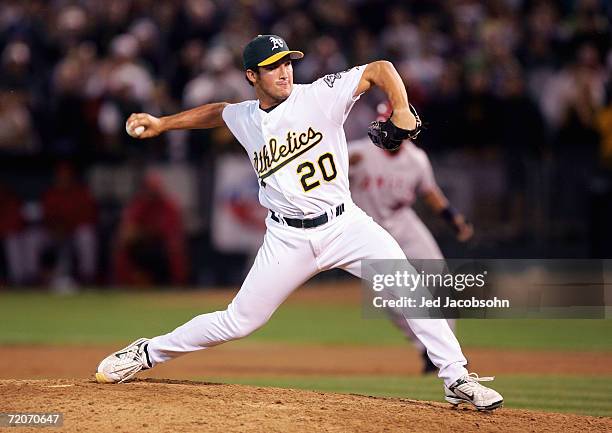 Huston Street of the Oakland Athletics pitches during the game with the Los Angeles Angels of Anaheim at McAfee Coliseum on September 22, 2006 in...