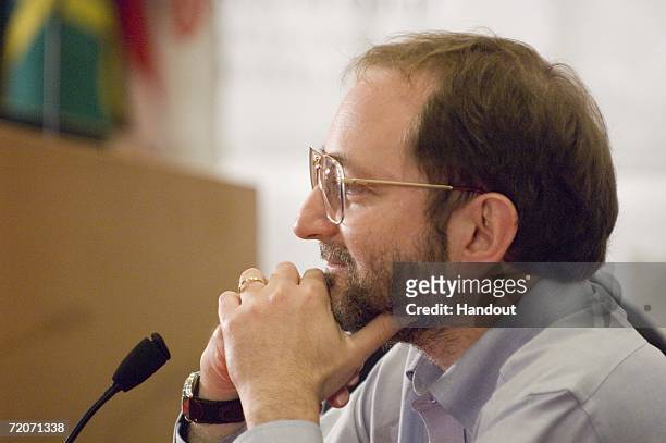 In this handout provided by Stanford University News Service, Nobel Laureate Andrew Fire attends a press conference after the announcement of the...