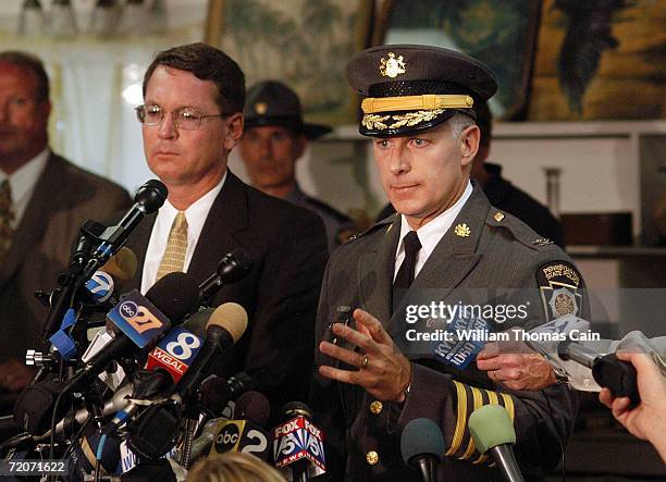 State Police Commissioner Jeffrey B. Miller addresses the media about the shooting at a one room Amish schoolhouse October 2, 2006 in Nickel Mines,...