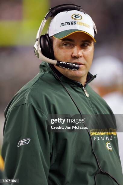 Head coach Mike McCarthy of the Green Bay Packers looks on during a game against the Philadelphia Eagles on October 2, 2006 at Lincoln Financial...