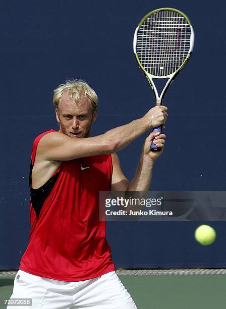 Stefan Koubek of Australia returns the ball against Stefano Galvani of Italy during the AIG Japan Open Tennis Championship 2006 on October 3, 2006 in...