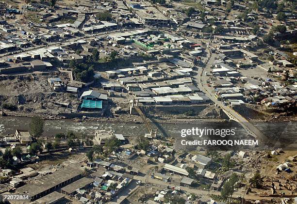 This aerial view shows the devastated town of Balakot, 02 October 2006. Nearly 4,000 of Balakot's 30,000 inhabitants were killed by the earthquake of...