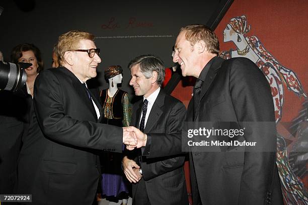 Alain Minc and Francois Henri Pinault and Yves Saint-Laurent attend the gala dinner at the Yves Saint Laurent Foundation on October 2, 2006 in Paris,...