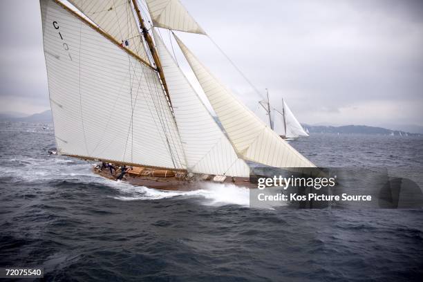 The classic gaff rigged yacht Mariquita sails upwind during racing in the Voiles de St Tropez on October 3, 2006 in St. Tropez, France. The largest...