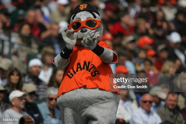 San Francisco Giants mascot Lou Seal performs during the game against the Colorado Rockies at AT&T Park in San Francisco, California on September 14,...