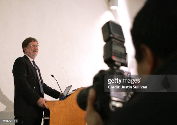 Berkeley astrophysicist professor George Smoot speaks during a press conference announcing his winning of the Nobel Prize in physics October 3, 2006...