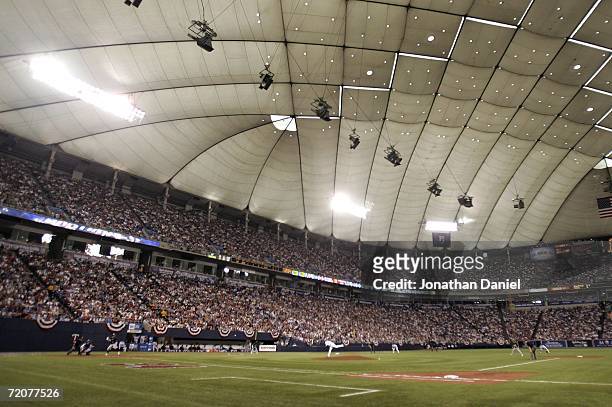 The Oakland Athletics play the Minnesota Twins at the Hubert H. Humphrey Metrodome before Game One of the American League Division Series October 3,...