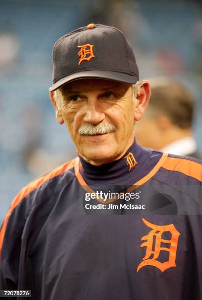 Manager Jim Leyland of the Detroit Tigers attends batting practice prior to the start of Game One of the American League Division Series against the...