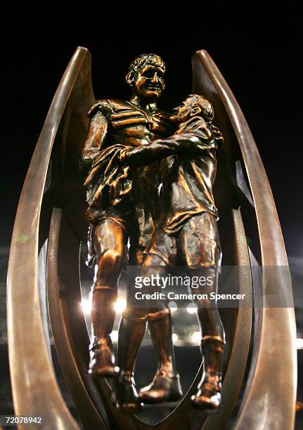 The National Rugby League premiership trophy is seen before the NRL Grand Final match between the Brisbane Broncos and the Melbourne Storm at Telstra...