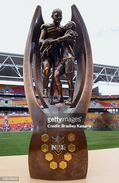 The NRL Premiership trophy is displayed in the middle of the ground as the Brisbane Broncos celebrate their NRL Grand Final win during a Grand Final...