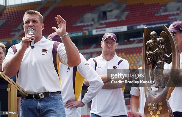 Shane Webcke of the Broncos makes a speech as the Brisbane Broncos celebrate their NRL Grand Final win during a Grand Final parade ending at Suncorp...