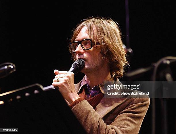 Musician Jarvis Cocker rehearses for the Dublin Theatre Festival presentation of 'Came So Far For Beauty: An Evening of Leonard Cohen songs' at The...