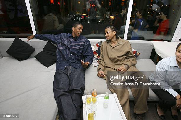 Allen Iverson and Louis Williams of the Philadelphia 76ers relax during NBA Europe Live presented by EA Sports on October 3 at port olympic in...