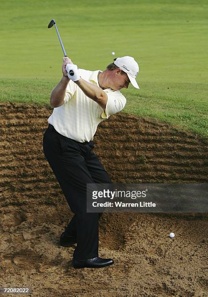 Ernie Els of South Africa practices his bunker shots during practice for The Alfred Dunhill Links Championship at Kingsbarns Golf Club on October 4,...