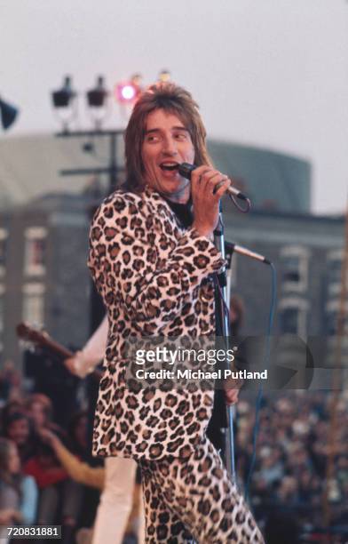 British singer Rod Stewart in concert with the Faces during Rock At The Oval in London, 18th September 1971.
