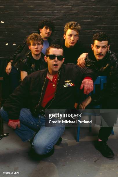 British pop group Frankie Goes To Hollywood, London, 1984. Clockwise, from front: singer Holly Johnson, guitarist Brian Nash, drummer Peter Gill,...