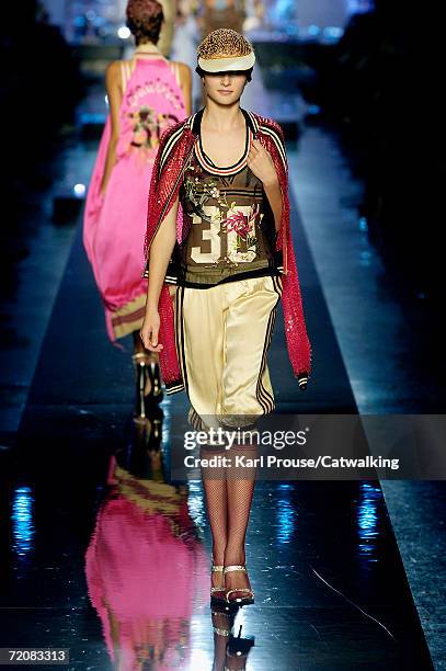 Model walks down the catwalk during the Jean-Paul Gaultier Fashion Show as part of Paris Fashion Week Spring/Summer 2007 on October 3, 2006 in Paris,...