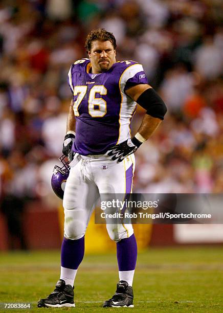 Steve Hutchinson of the Minnesota Vikings stands on the field against the Washington Redskins on September 11, 2006 at FedEx Field in Landover,...