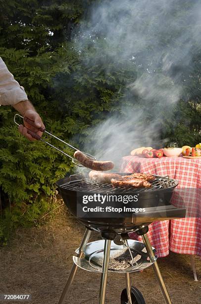 man cooking meat on a barbeque grill - snag tree stock pictures, royalty-free photos & images