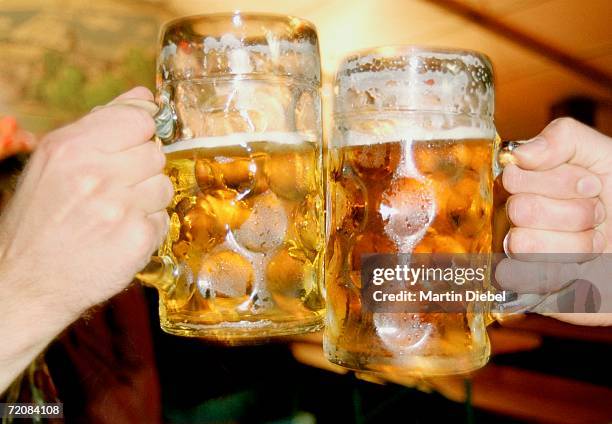 two men toasting with beer steins - bierkrug stock-fotos und bilder